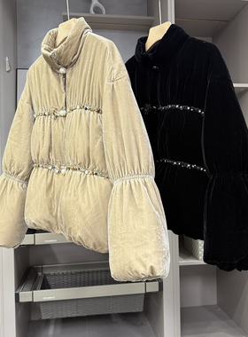 P牌jin口料！钉珠真丝丝绒白鹅绒羽绒服立领外套女   AE012338~ZY