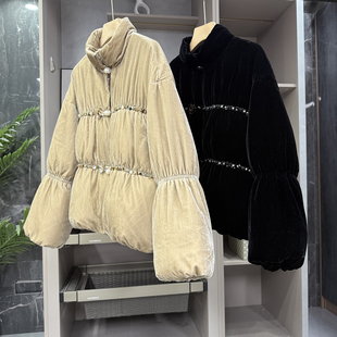 P牌jin口料！钉珠真丝丝绒白鹅绒羽绒服立领外套女   AE012338~ZY