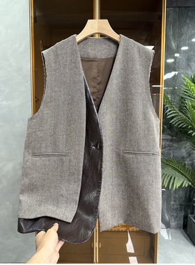 清仓不予退换！老钱风宽松拼接蛋白皮羊毛V领西装马甲女W85605~JS