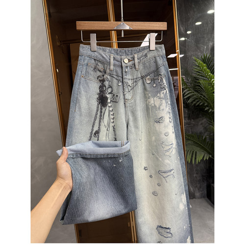 N货！印花中高腰牛仔阔腿裤