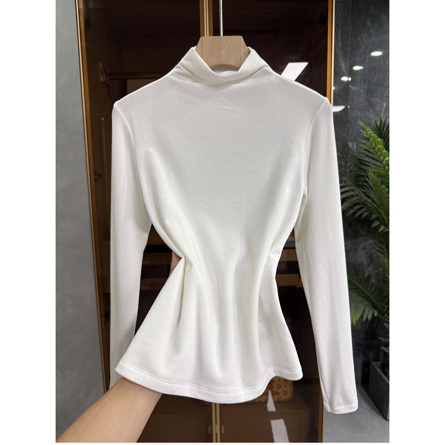 正肩绵羊毛小立领长袖打底衫T恤