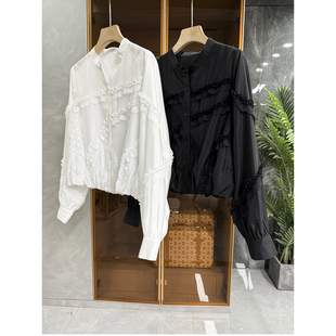 美美美！设计师款！蕾丝边小立领天丝衬衫短上衣女    W257565~ME