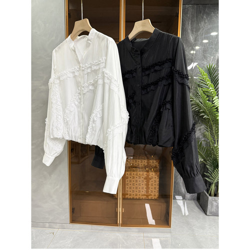 N货!蕾丝边小立领天丝衬衫短上衣