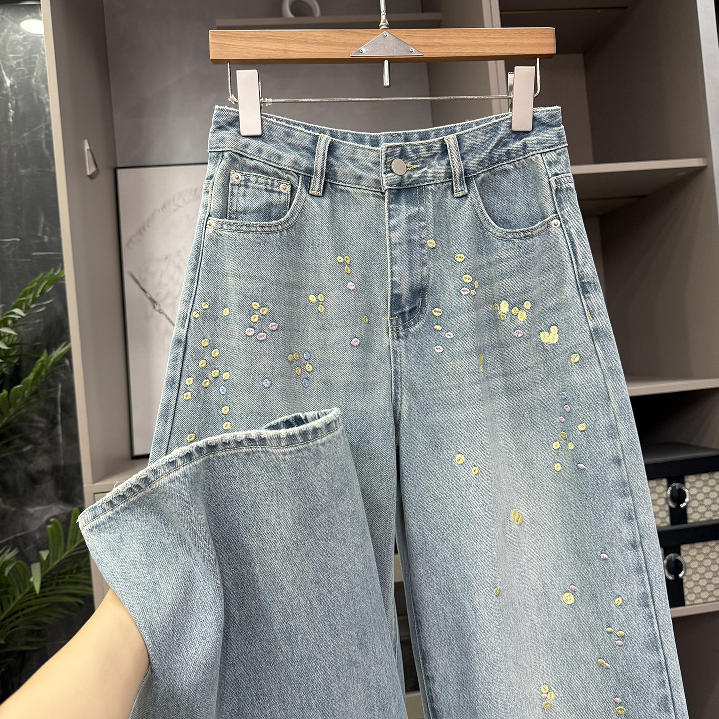N货！刺绣波点中高腰牛仔阔腿裤