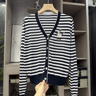 清仓不予退换！丝莱赛尔条纹V领长袖针织开衫女ZZ2111~ZY