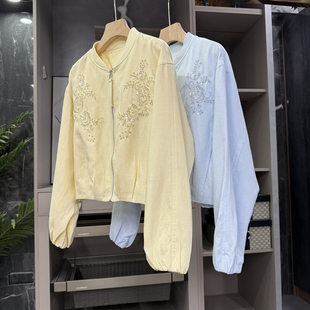 HZ26318 厂里墙裂推荐 宽松钉珠天丝亚麻休闲棒球服短外套女