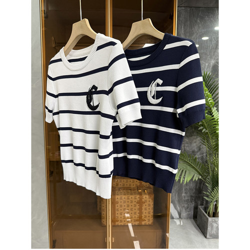 N货!天丝条纹圆领短袖针织衫上衣