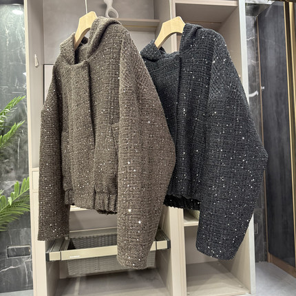 yuan单！G上4K+！宽松羊毛粗花呢亮片连帽外套女   AE0370~ZY