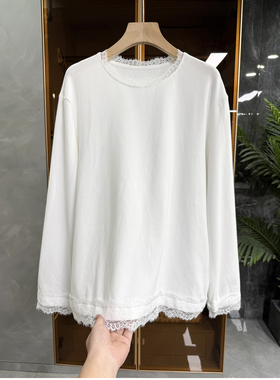 秋冬穿搭秘籍！宽松蕾丝边磨毛圆领长袖棉T恤女   TX250790~ME