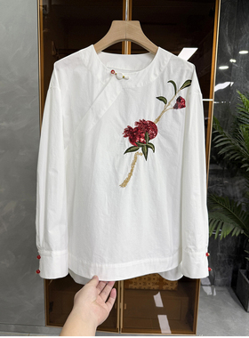 国风新中式！重工刺绣亮片斜襟圆领棉衬衫上衣女   25691~ME