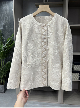 清仓不予退换！气质感！宽松刺绣亚麻圆领外套女T62775~ME
