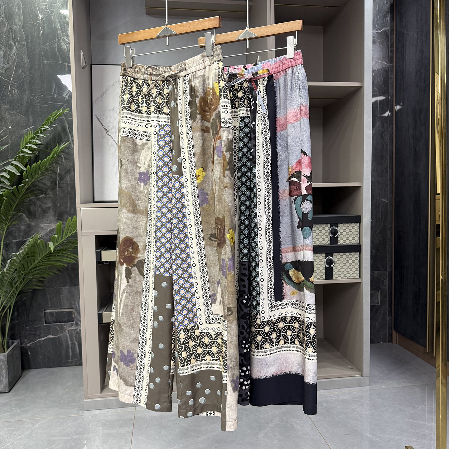 清仓不予退换！款！复古印花天丝麻松紧腰休闲阔腿裤女123218S~ZY