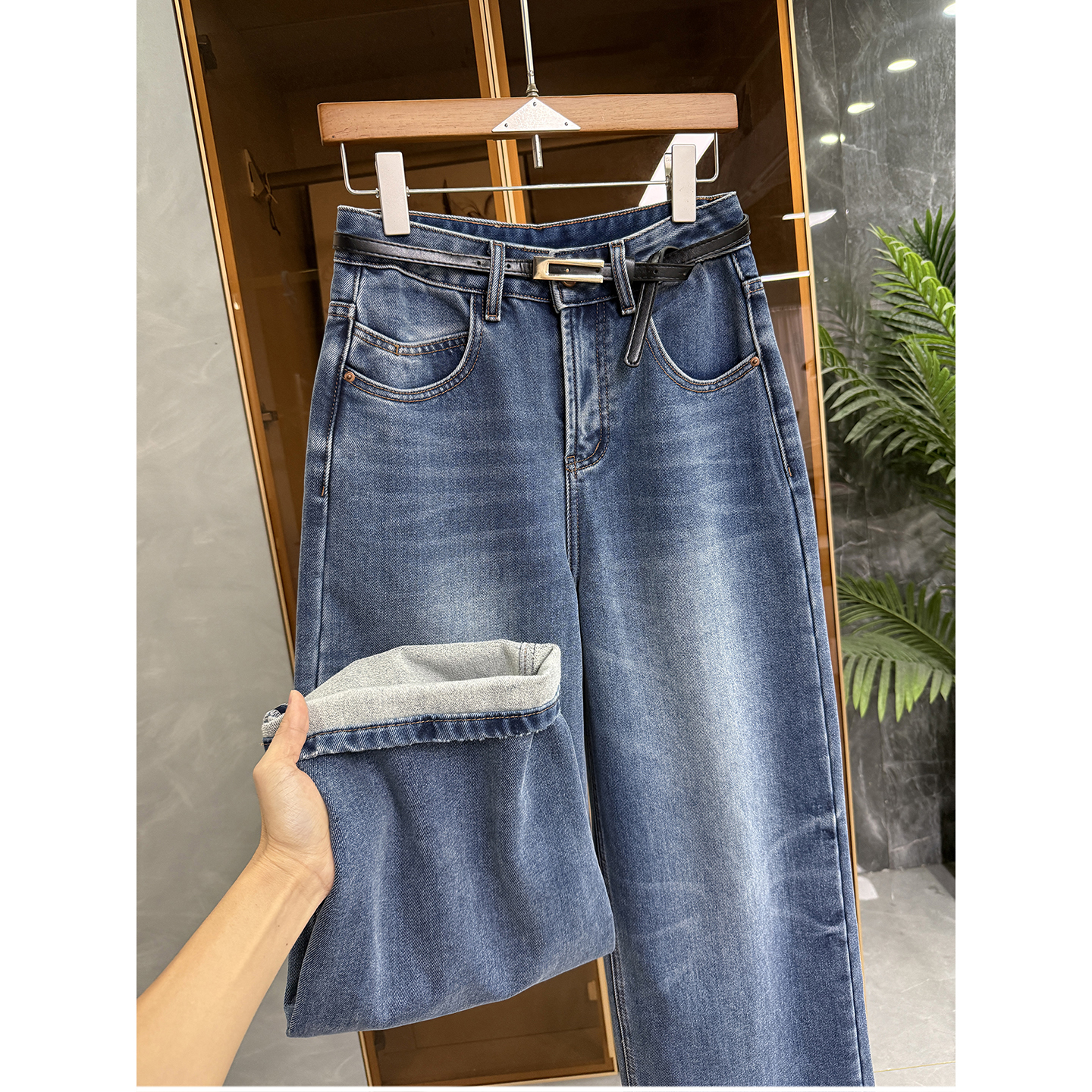 N货！磨毛中高腰牛仔直筒裤