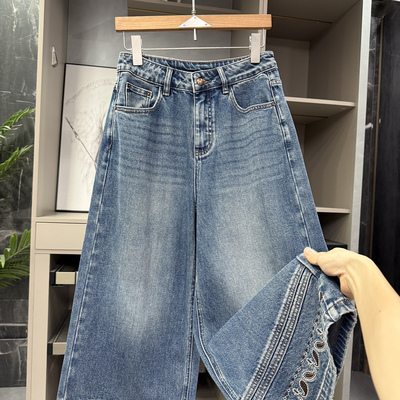 N货！刺绣中高腰牛仔阔腿九分裤