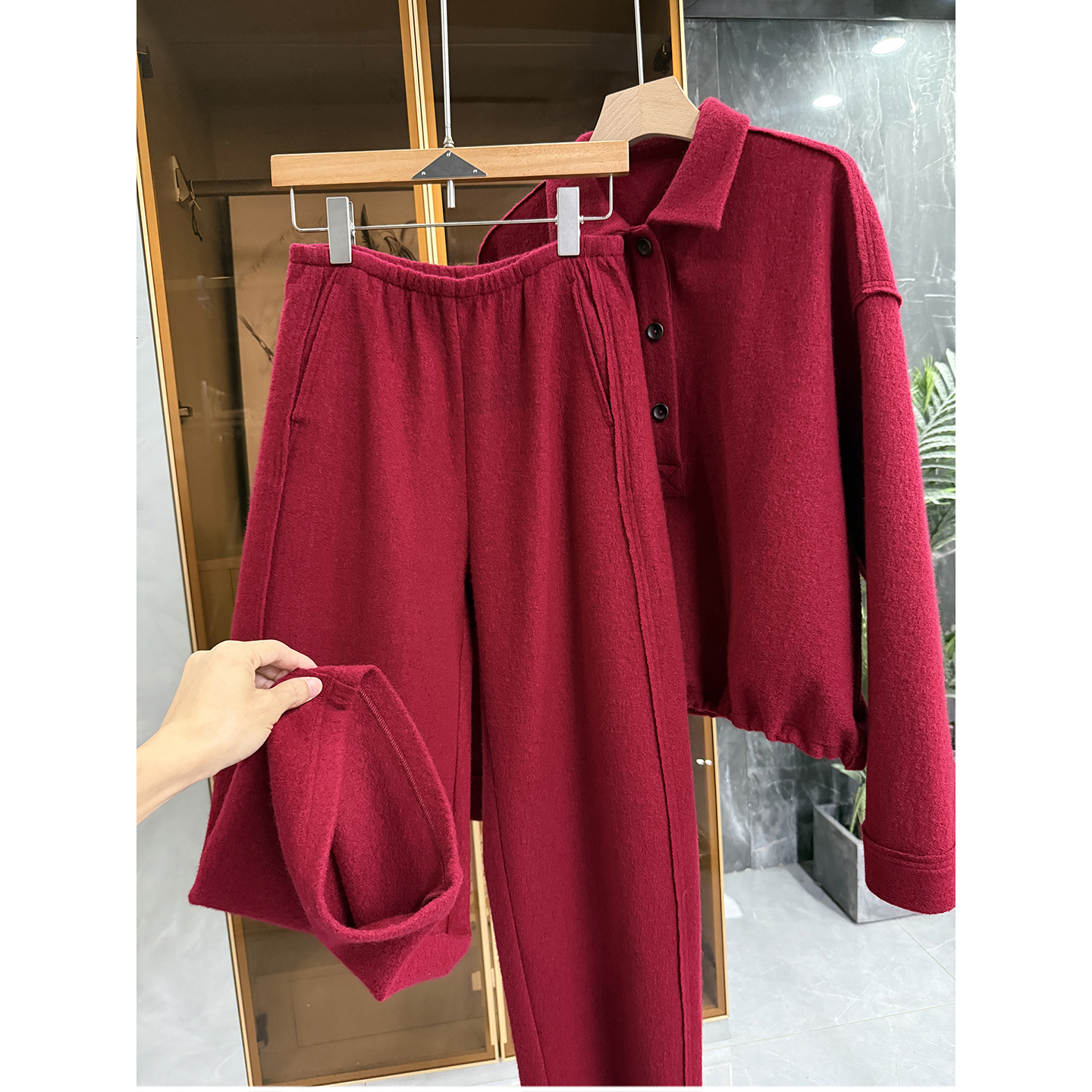 宽松羊毛毛呢休闲上衣+长裤套装