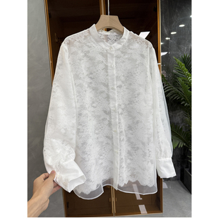 设计师款！美到心尖尖上！宽松蕾丝立领长袖衬衫上衣女 738209~JS
