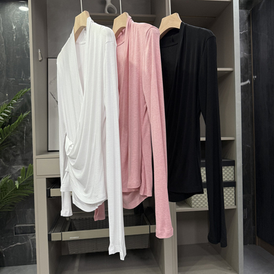 N货！交叉深V领长袖棉T恤上衣