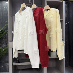 H8320 立体蝴蝶宽松羊绒羊毛圆领针织毛衣女 大N货 美出片