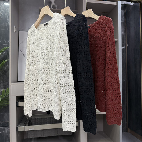 宽松镂空羊毛圆领长袖针织衫