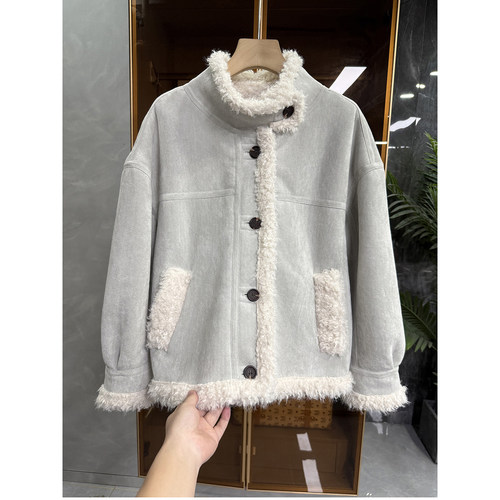 尖货宽松圈圈绒皮毛一体立领外套