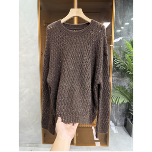 代厂P牌料 云感宽松真丝羊绒金丝镂空圆领针织毛衣女20251075