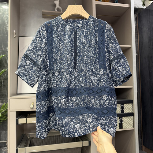 N货!宽松苎麻小碎花圆领短袖上衣