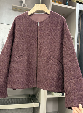 清仓不予退换！an柜！宽松千鸟格羊毛圆领短外套女736278~ZY