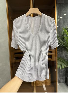 清仓不予退换！！亚麻绵羊毛针织衫U领短袖上衣女731791~JS