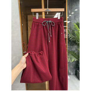 M025830 女 宽松条纹松紧腰休闲束脚卫裤 藏肉时髦单品