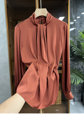 清仓不退#B品质！真丝双乔抽褶立领长袖衬衫上衣女    64A065