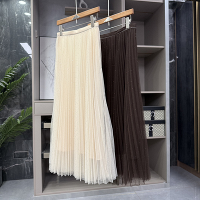 大N货！烫钻百褶网纱大摆半身裙