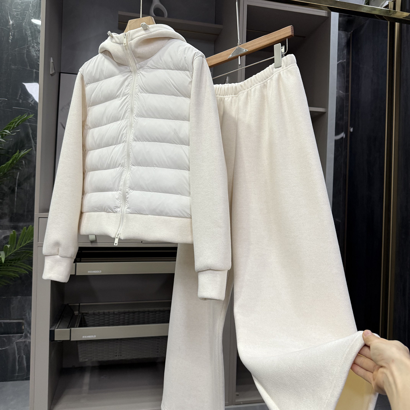 拼厚绒连帽棉服卫衣外套裤子套装