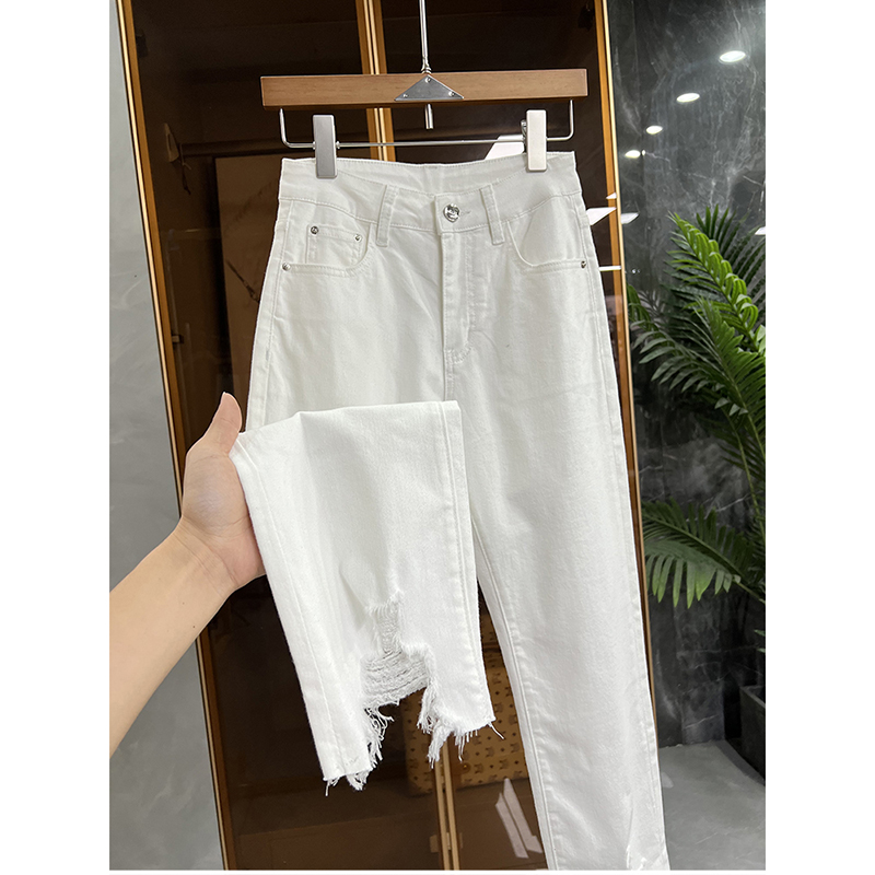 小个子收！薄款弹力面膜裤破洞牛仔九分小脚裤女  5030956~JS