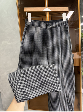 炸裂单品！加绒绵羊毛千鸟格中高腰休闲镰刀八分裤女  D85619~ME