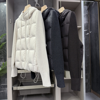 宽松白鸭绒羽绒服拼针织连帽外套