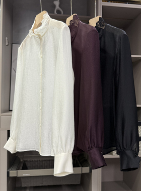 穿出温柔气质范儿！宽松花边立领长袖衬衫上衣女   301138~ZY