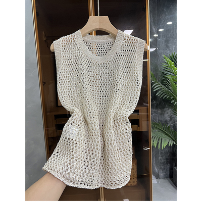 重工亮片镂空针织圆领背心上衣