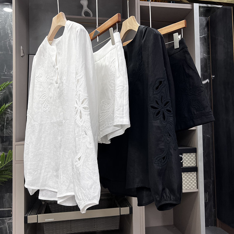 yuan单！宽松亚麻刺绣镂空长袖上衣+短裤套装女   24149~ZY,女装/女士精品,时尚套装,淘宝优惠券,粉丝福利购,淘宝优惠卷