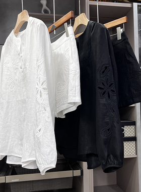 yuan单！宽松亚麻刺绣镂空长袖上衣+短裤套装女   24149~ZY