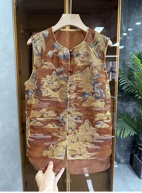 G上4K+！柜款中式！刺绣真丝香云纱欧根纱圆领马甲女     Y757~JS