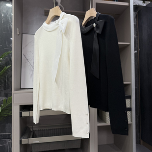 惊艳！美到不敢照镜子！拼接飘带领羊毛针织上衣女   D51020~ZY