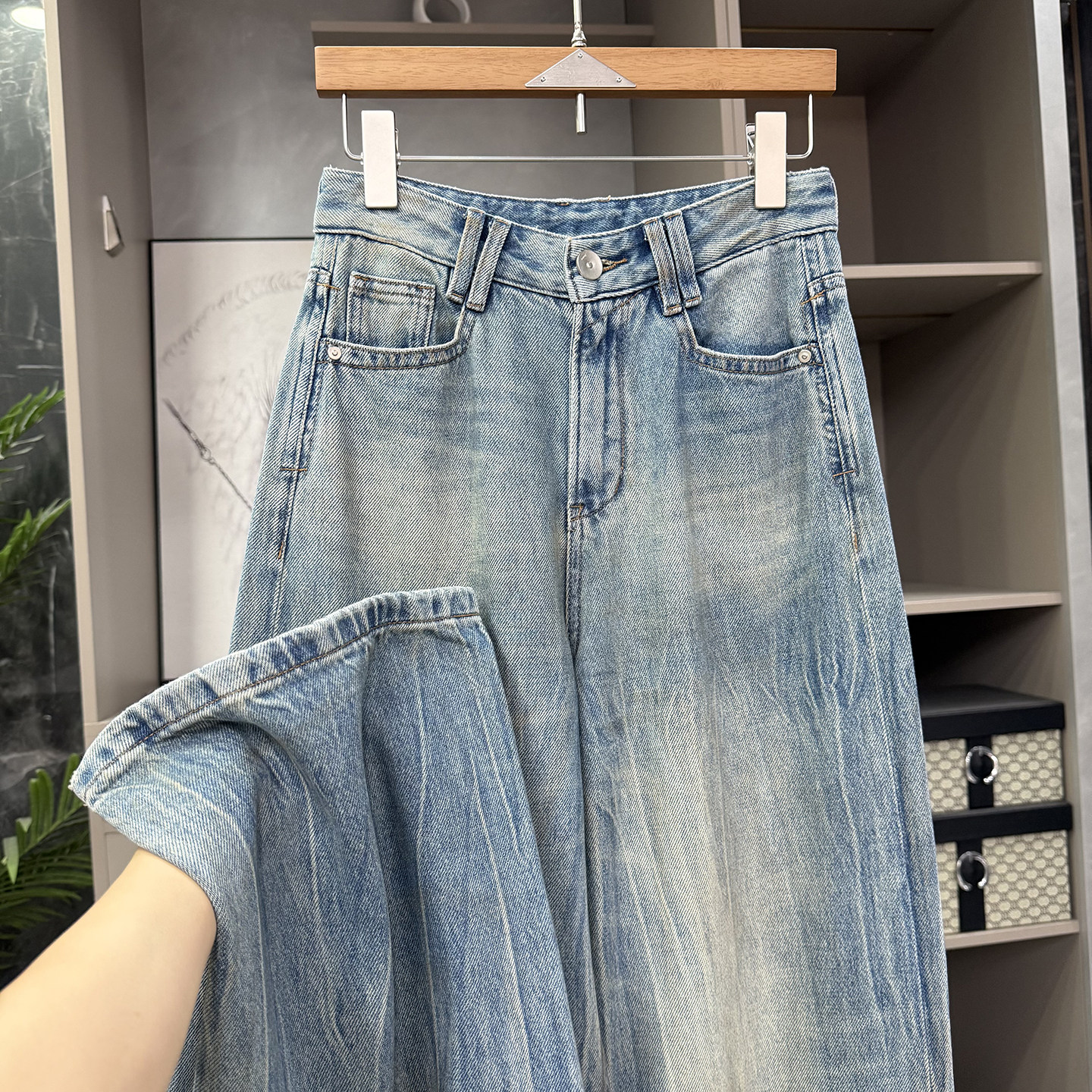 高个子收！时髦单品！柔软有型高腰牛仔阔腿脏脏裤女  R60033~ZY