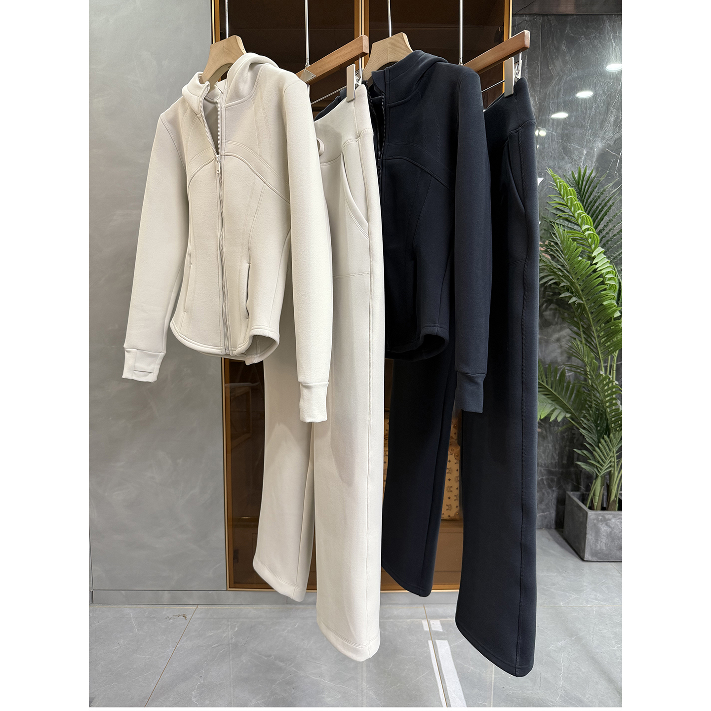 加厚绒感连帽短外套休闲长裤套装