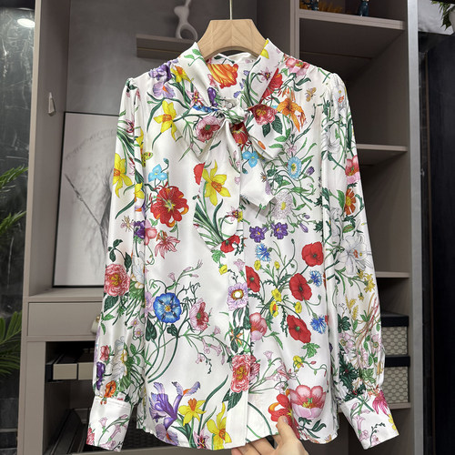 真丝斜纹绸印花花卉飘带衬衫上衣