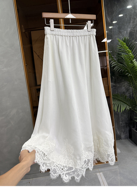 清仓不予退换！接蕾丝花边亚麻松紧腰大摆半身裙女K909~JS