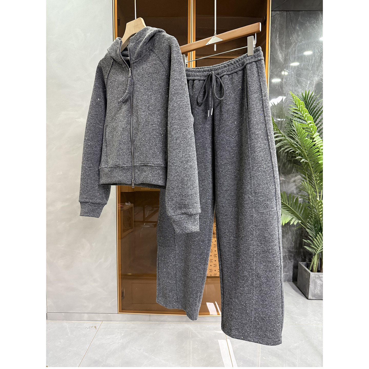 亮片羊毛连帽卫衣外套+长裤套装