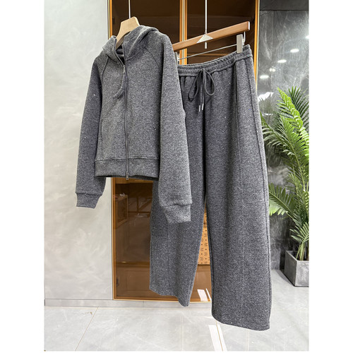 亮片羊毛连帽卫衣外套+长裤套装