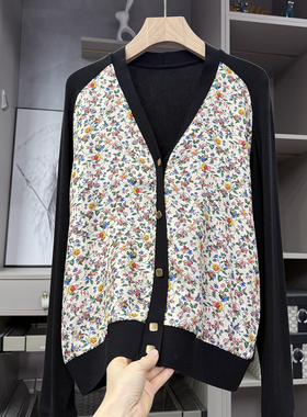 yuan厂P牌料！拼接真丝小碎花羊毛V领针织开衫女   KS89200~ZY