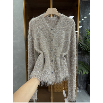 设计师款！亮丝毛边C领针织开衫