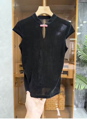 国风新中式！修身又撩人！植绒立领短袖上衣女    100903~ME